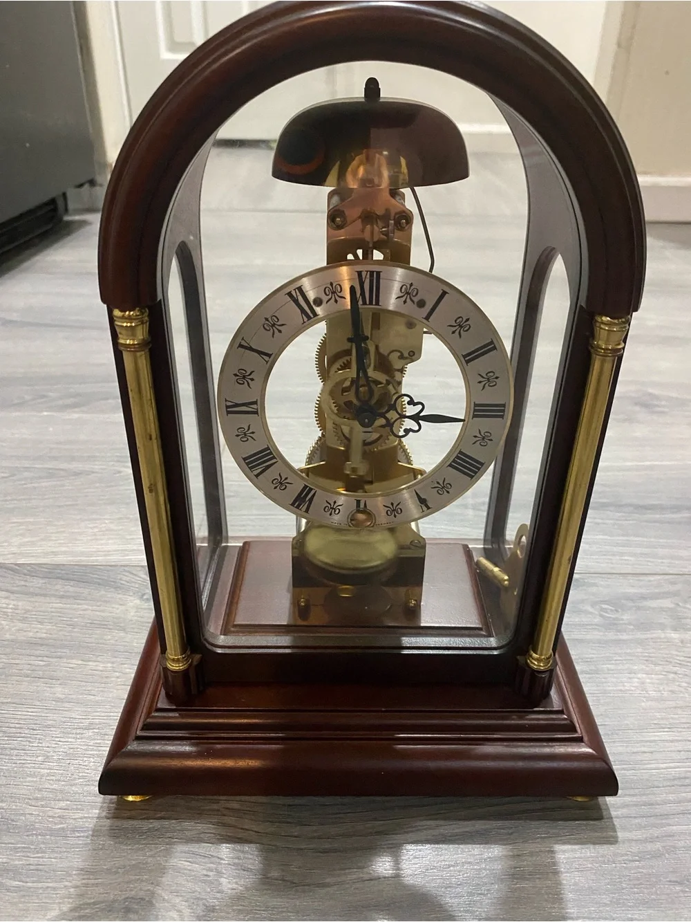 Classic Skeleton Mantel Clock in Brown and Gold